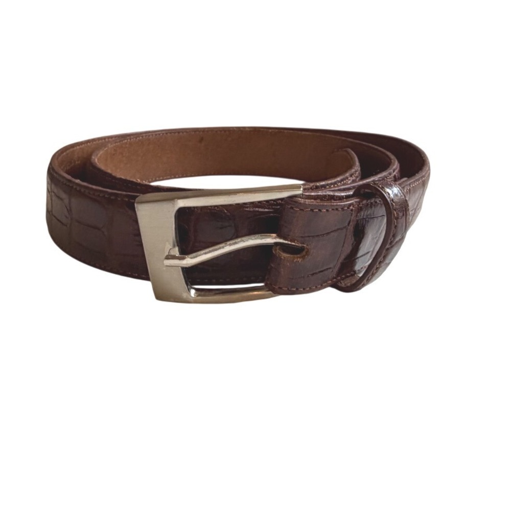 Veari Made in Italy Mens Brown Crocodile Embossed Leather Silver Buckle SZ 36